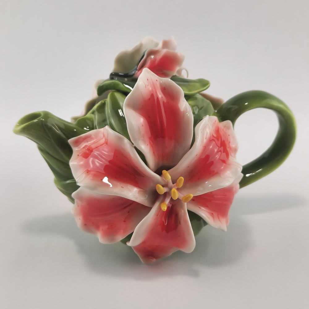 Ceramic Lily Flower Teapot Pink Green Collectible Décor Gifts For Her